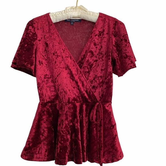 One Clothing Stretchy Velvet Faux Wrap Peplum Top - Picture 1 of 5